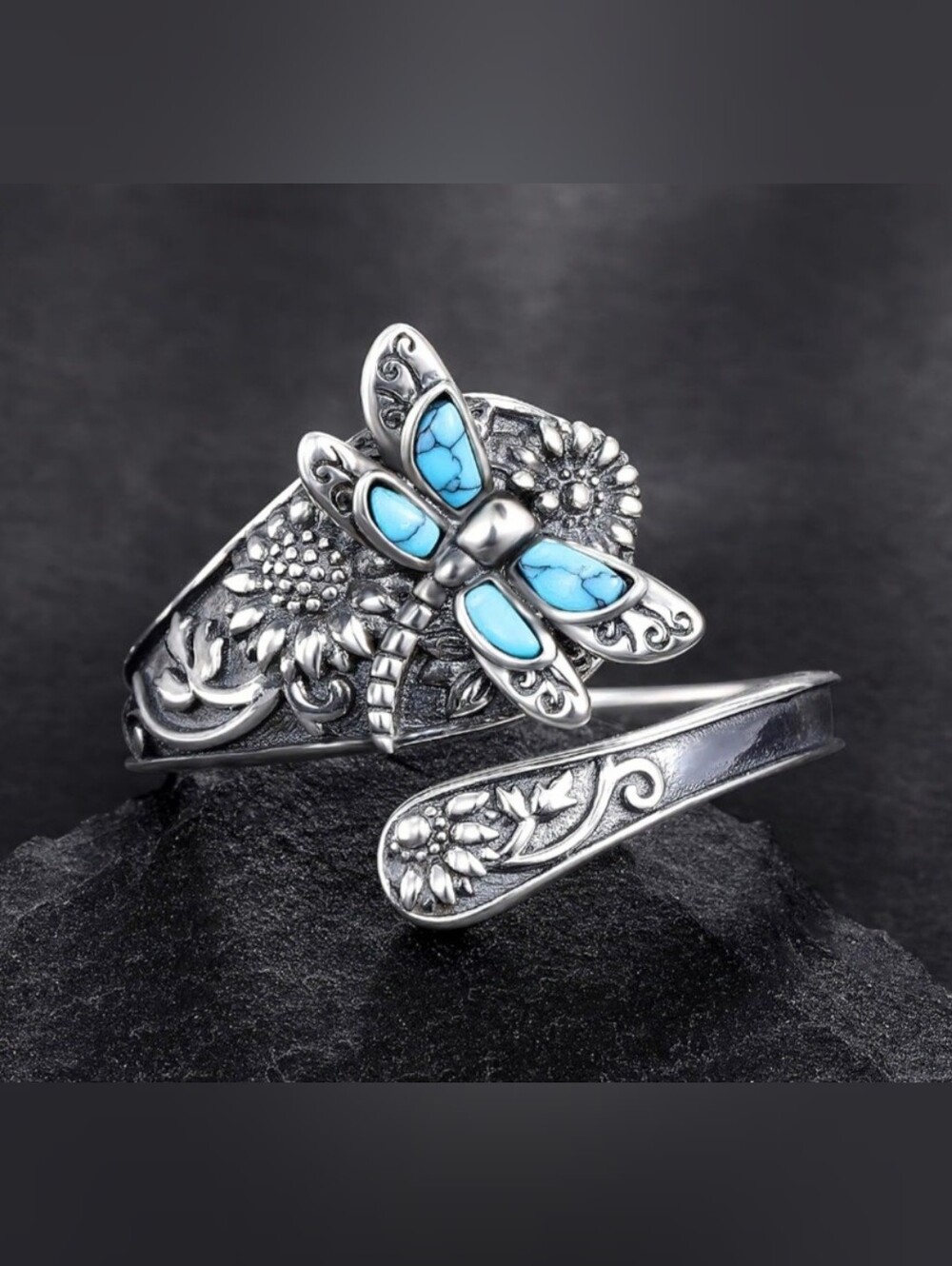 Vintage Boho Turquoise Dragonfly Spoon Ring Antique Silver Over Brass Adjustable